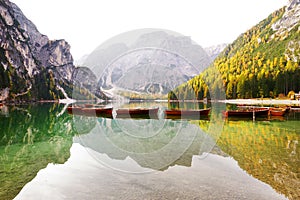 Autumn scenery of Lake Braies in Dolomite Alps