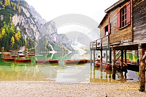 Autumn scenery of Lake Braies in Dolomite Alps