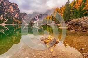 Autumn scenery of Lake Braies in Dolomite Alps, Italy