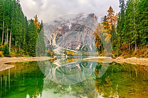 Autumn scenery of Lake Braies, Dolomite Alps, Italy