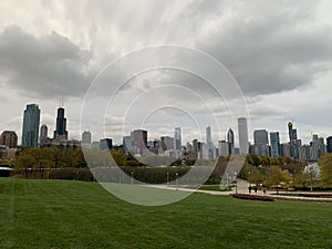 Autumn scenery by the lake in Chicago, green meadows