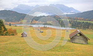 Autumn scenery of Lake Geroldsee in a foggy morning