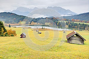 Autumn scenery of Lake Geroldsee with Karwendel mountains in the background