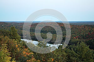 Scenery of Autumn landscape stock photos.  Autumn scenery view multicolor trees, sky, river.  Picture. Image