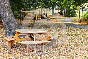 Autumn in park with wooden table and benches, path and playground. Trees with fallen colored leaves on the ground during fall