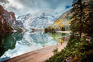 Autumn scenery of peaceful alpine lake Braies. Location Dolomiti Alps, Italy, Europe