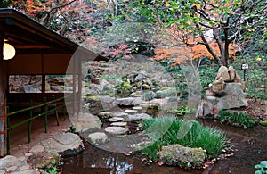 Autumn scenery of a traditional wooden house and fiery maple trees by a pond in a peaceful zen-like atmosphere in Rikugi-en Park