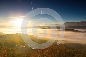 Autumn scenery up early with fog in Zagorochoria, Epirus Greece