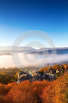 Autumn scenery up early with fog in Zagorochoria, Epirus Greece