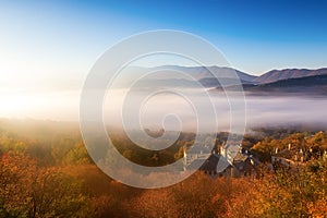 autumn scenery up early with fog in Zagorochoria, Epirus Greece