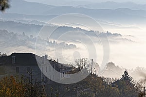 Autumn scenery up early with fog in Zagorochoria, Epirus Greece