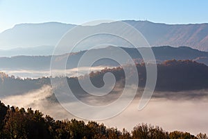 Autumn scenery up early with fog in Zagorochoria, Epirus Greece