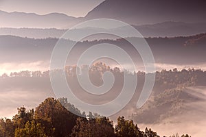 autumn scenery up early with fog in Zagorochoria, Epirus Greece