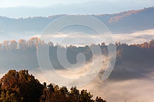 Autumn scenery up early with fog in Zagorochoria, Epirus Greece