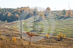 Autumn scenes. Energo. Concept of green energy, power plant, close high-voltage power lines. power distribution station.