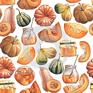Autumn seamless dense pattern of pumpkins