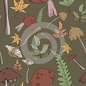 Seamless pattern autumn collection of hand drawn mushrooms and plants/ photo