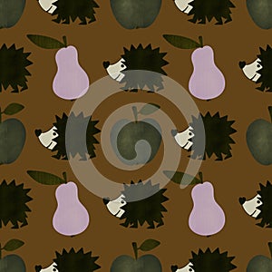 Autumn seamless hedgehog and pears and apples pattern for fabrics and packaging and gifts and kids