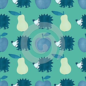 Autumn seamless hedgehog and pears and apples pattern for fabrics and packaging and gifts and kids