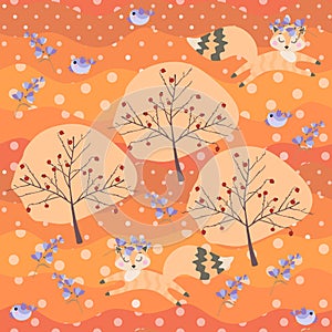 Autumn seamless patchwork pattern with cute cartoon foxes jumping in forest
