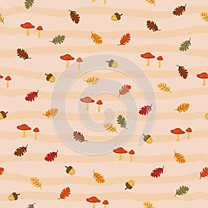 Autumn seamless pattern with acorns,oak leaves and mushrooms in orange,brown,green,beige and yellow