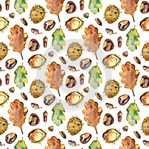 Autumn seamless pattern of chestnut, oak and maple leaves, chestnuts and acorns. Watercolor on beige background.