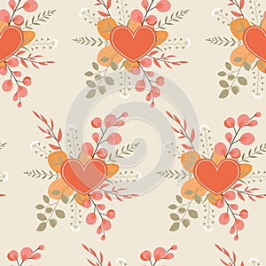 Autumn seamless pattern with a composition of red and orange leaves, dried flowers and hearts