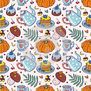 Autumn seamless pattern with cozy elements in doodle style. Vector illustration of pumpkins, mushrooms and delicious tea