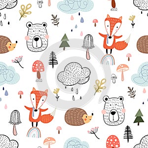 Autumn seamless pattern, cute childish background design with woodland animals