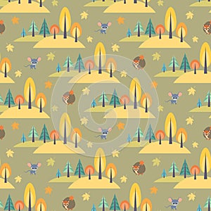 Autumn seamless pattern with cute forest animals