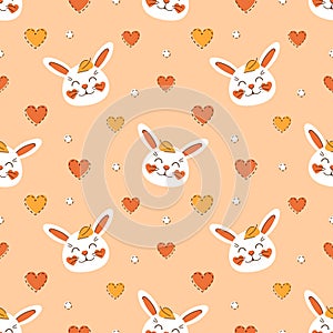 Autumn seamless pattern cute rabbits with fallen leaves and hearts on orange background. White happy bunny