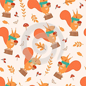 Autumn seamless pattern with cute squirrel, leaves, acorn, mushrooms. Vector illustrations