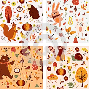Autumn seamless pattern with cute wodland animals and elements autumn, cute squirrel, hedgehog, funny bear, mouse