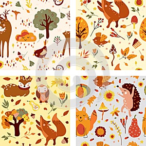Autumn seamless pattern with cute wodland animals and elements autumn, a funny owl, hedgehog, cunning fox, colored trees