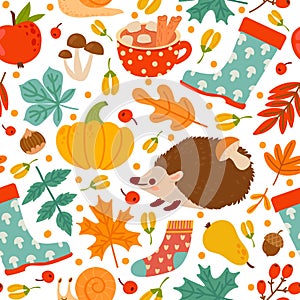 Autumn seamless pattern. Drawing pumpkin, nuts, plants. Abstract harvest time, thanksgiving day print paper or textile