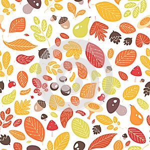 Autumn seamless pattern with fallen leaves or dried foliage, acorns, fruits, nuts and mushrooms on white background