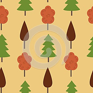 Autumn seamless pattern, green red trees forest, illustration for textile and wrapping paper