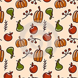 Autumn seamless pattern. Ingathering. Pumpkins, pears, and apples. Vector illustration. Ideal for use in textiles, paper