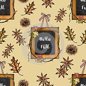 Autumn  Seamless pattern with leaves and blackboard