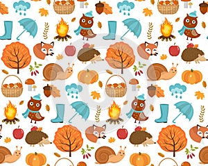 Autumn seamless pattern with leaves, trees, mushrooms, pumpkin, wild animals, umbrella and boots. Endless background
