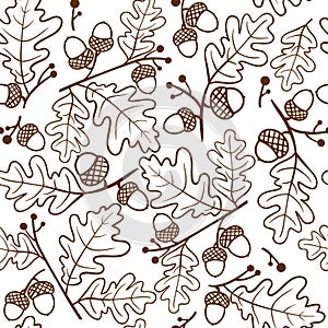 Autumn seamless pattern of oak twigs and acorns. Vector illustration.