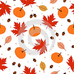 Autumn seamless pattern with orange pumpkins, maple leaves and acorns. Thanksgiving Day background. For greeting cards, wallpapers