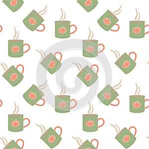 Autumn seamless pattern with pumpkin mugs on a white background