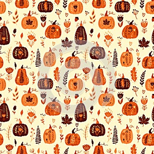 Autumn seamless pattern with pumpkins and floral elements. Fall vector illustration.