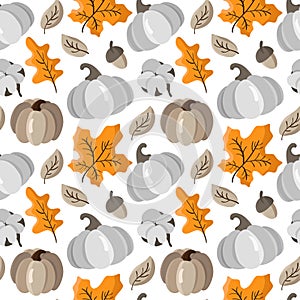 Autumn seamless pattern with pumpkins, leaves, acorn and cotton. Beautiful background for Thanksgiving Day