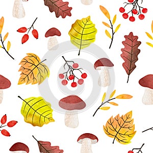 Autumn seamless pattern with watercolor fall leaves, berries and mushrooms