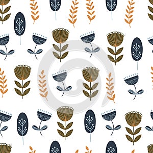 Autumn seamless pattern with wild floral elements. Hand drawn leaves, flowers, herbs. Modern repeatable background with