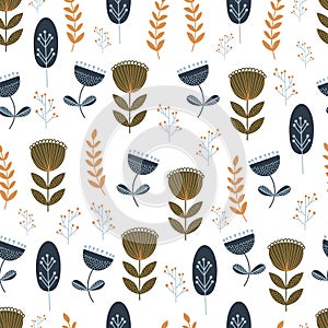 Autumn seamless pattern with wild floral elements. Hand drawn leaves, flowers, herbs. Modern repeatable background with