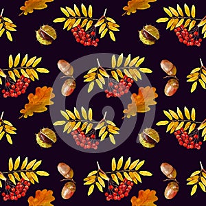 Autumn seamless pattern with yellow leaves, acorns and rowan berries on a black backgoun d.