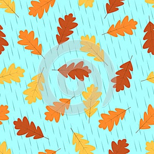 Autumn seamless pattern, yellow and red oak leaves fall in autumn, against the background of rain.